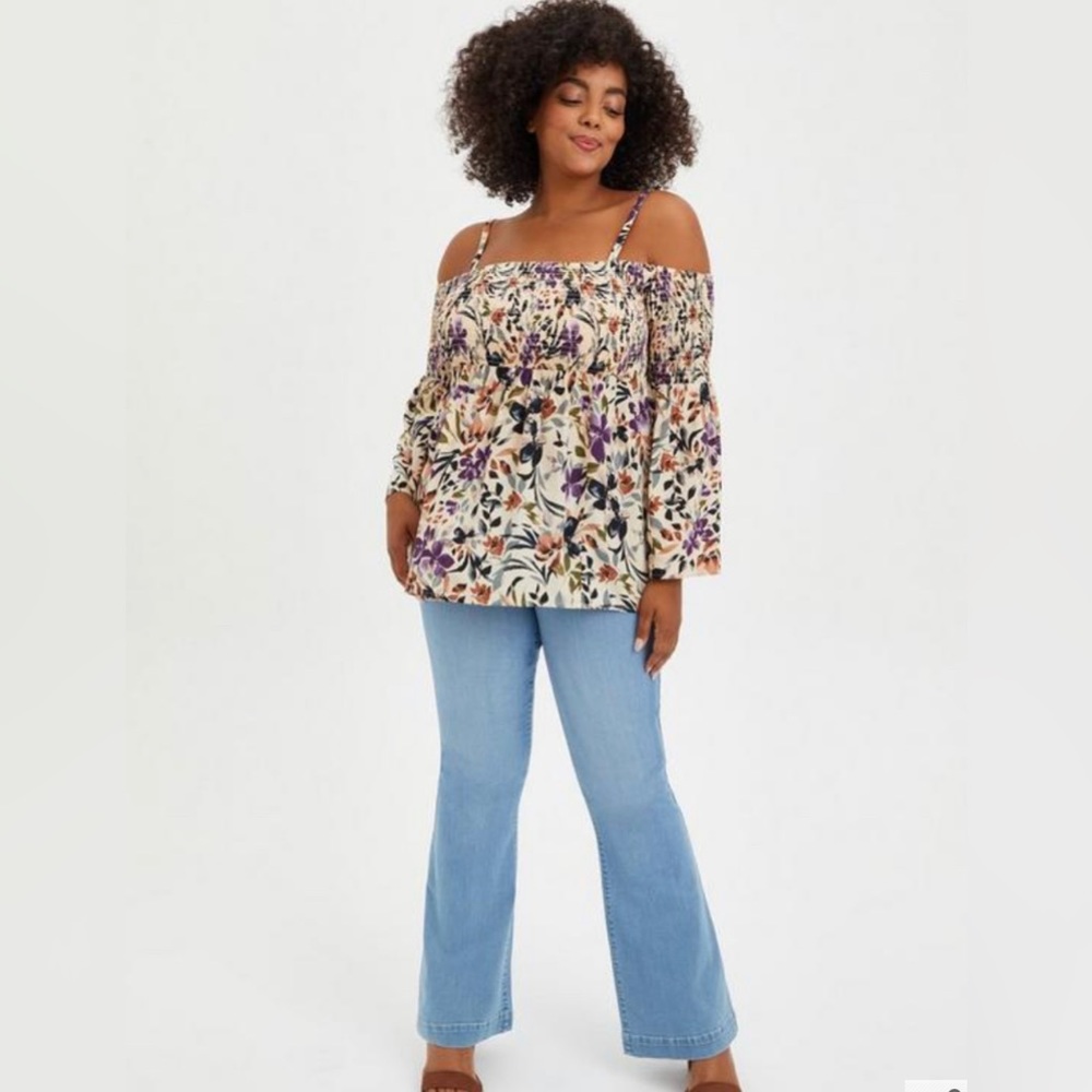 Torrid Cream Floral Challis Cold Shoulder Blouse 2X